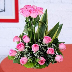 12 Pink Roses Basket - Luv Flower & Cake