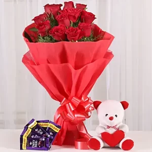 12 Red Roses with Teddy & Chocolatey