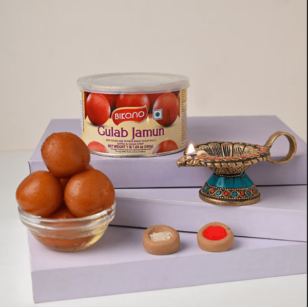 Colorful Brass Diya n Gulab Jamun Combo