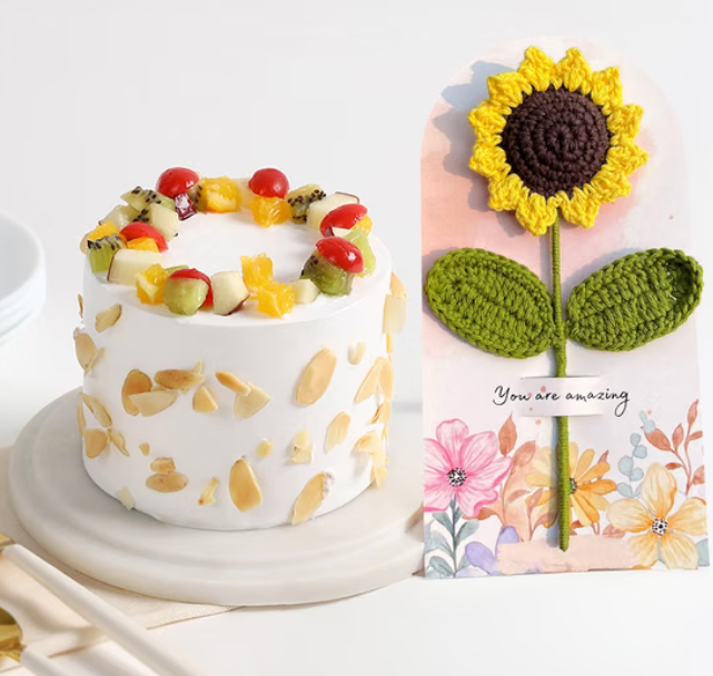 Charming Cake And Crochet Sunflower Gift Combo