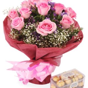 A dozen roses with a box of ferrero rocher chocolates