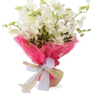 10 white orchids wrapped in jute