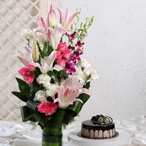 Elegant Mixed Flowers & Chocolate Cake