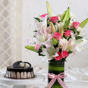 Premium Mixed Flowers Vase With Chocolate Cake