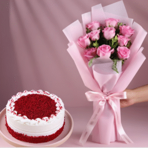 Red Velvet Cake With Pink Rose Bouquet